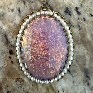 Vintage West Germany Filigree Dragon Breath Glass Opal Gold and Purple pendant